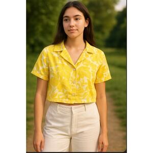 Midnight Sky Linen Blend Top‎ Womens Floral Button Up XL Yellow Tropical Cropped